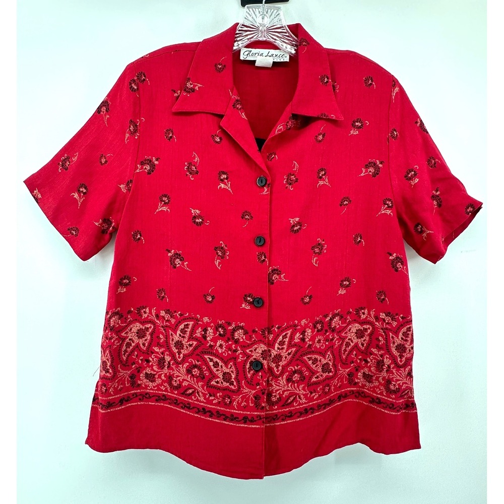 VTG Gloria Lance Petite Red Floral Paisley Border Print Button Up Blouse Large